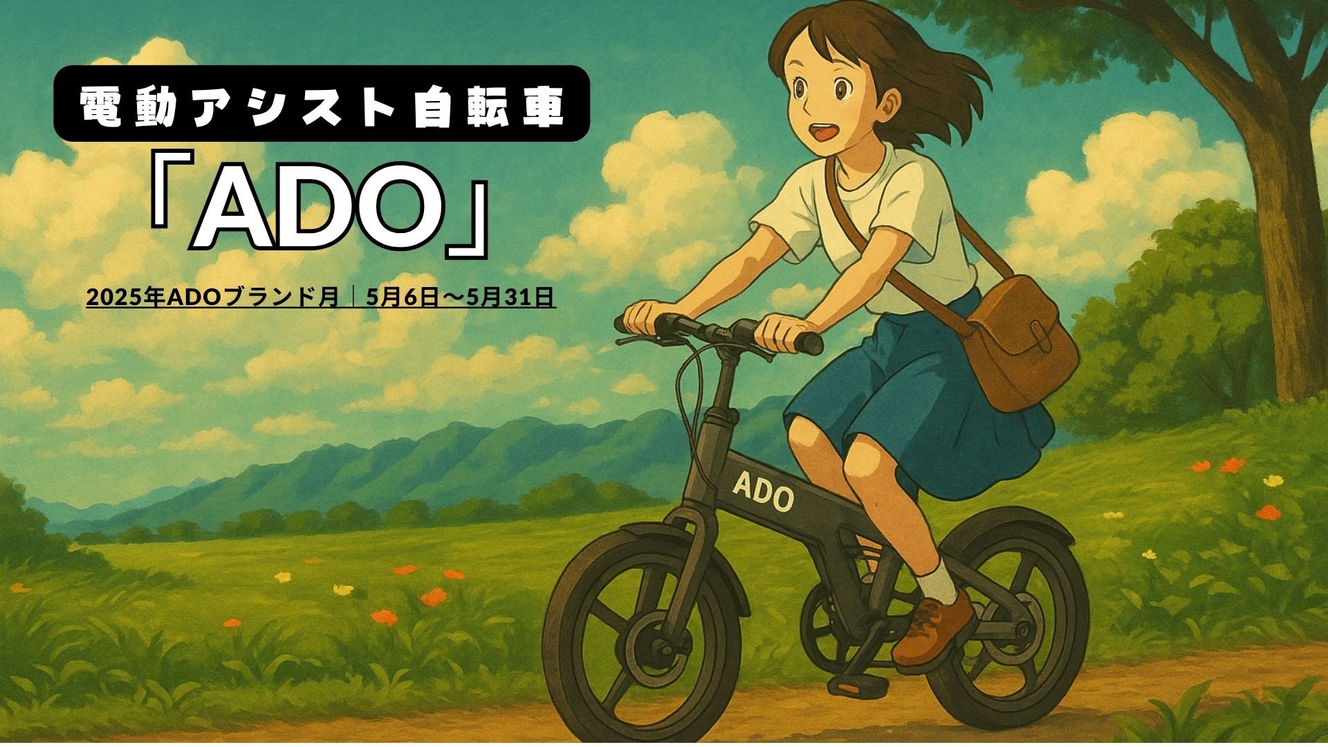 ADO電動アシスト自転車に乗る女性のイラスト（ジブリ風）｜広大な自然と青空の中を走る様子