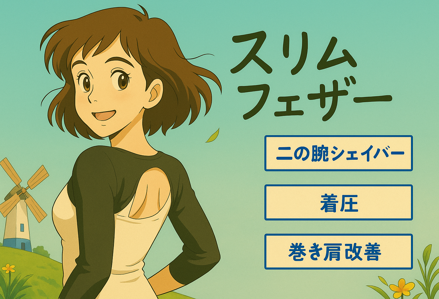 二の腕シェイパー「スリムフェザー」アニメ風イメージ、着圧・巻き肩改善を強調