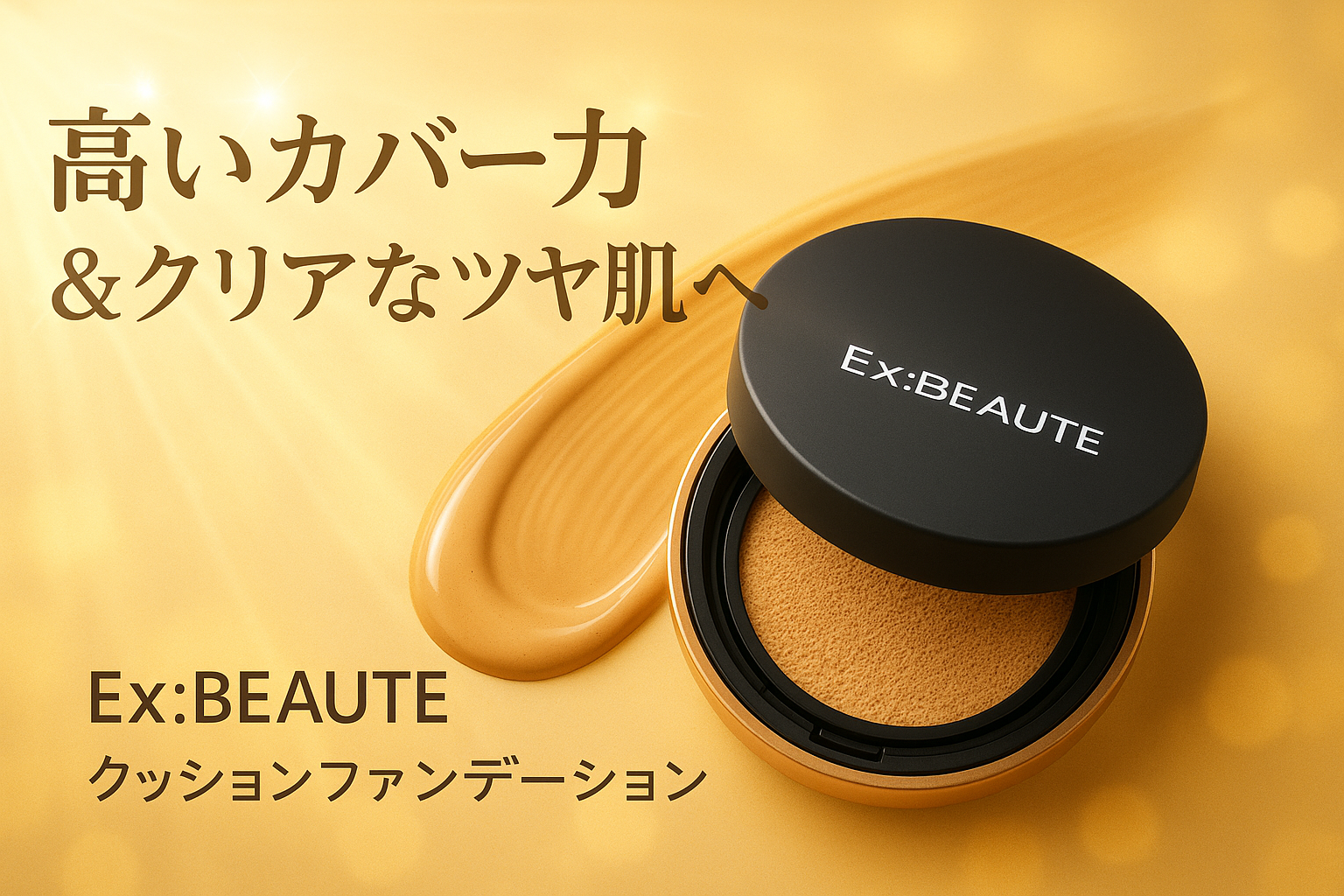 Ex:BEAUTEのクッションファンデーションを紹介するアイキャッチ画像。高いカバー力とクリアなツヤ肌の魅力を伝える広告ビジュアル。