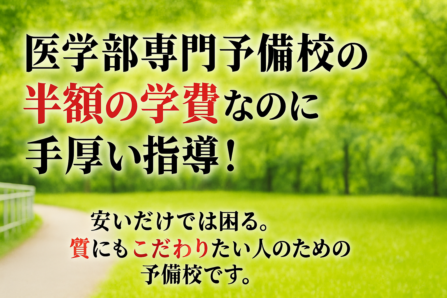 医学部専門予備校の半額学費と質の高い指導を伝えるバナー画像（草原と青空の背景）